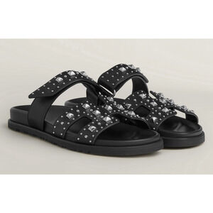 Hermes Chypre Sandal Black Studded Stud Punk Rock H Logo Strap Slide Flat 37